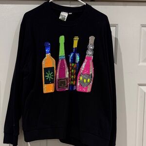 QUEEN OF SPARKLES Black Sweatshirt with Colorful Sequin Bottles